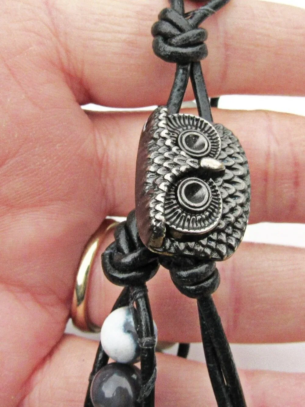 Blue Montana Moss Agate Stone and Leather, Gun Metal Owl Button Bracelet